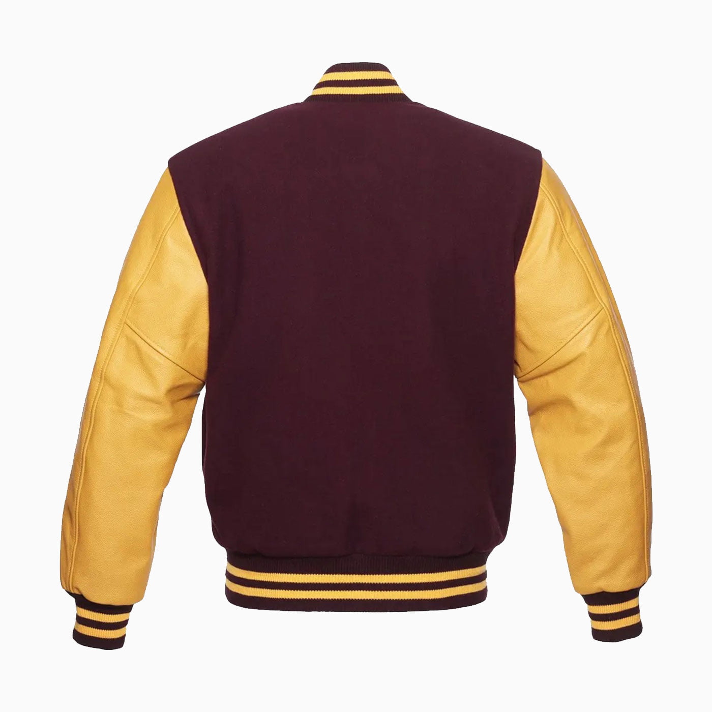 Custom Mens Maroon Wool Body & Gold Leather Sleeves Varsity Jacket