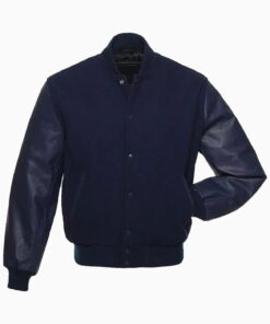 Mens Navy Blue Wool Body & Navy Leather Sleeves Varsity Jacket