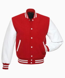 Mens Red Wool Body & White Leather Sleeves Varsity Jacket