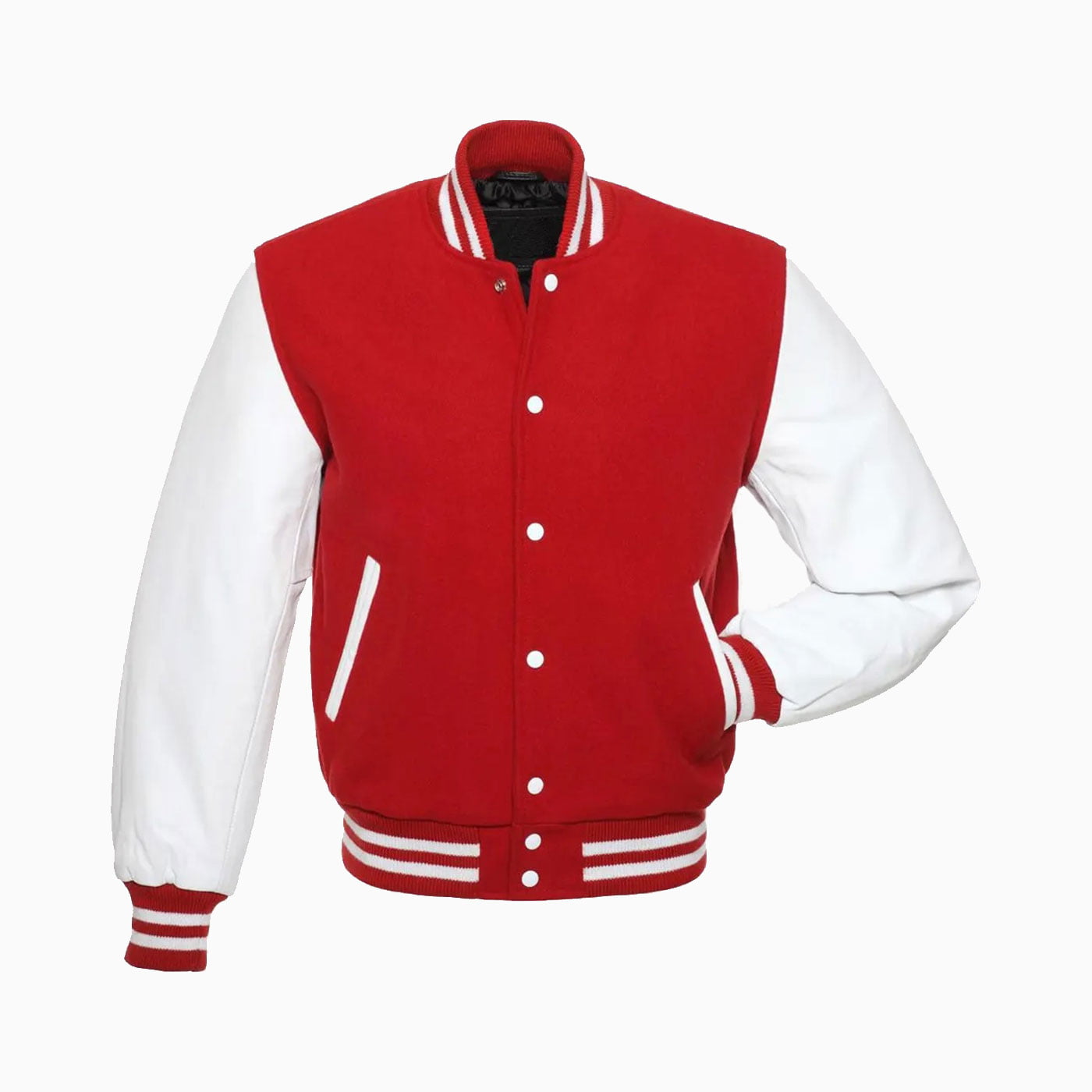 Custom Mens Red Wool Body & White Leather Sleeves Varsity Jacket