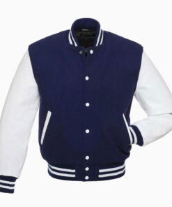 Mens Royal Blue Wool Body & White Leather Sleeves Varsity Jacket