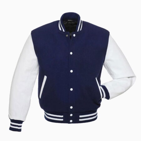 Mens Royal Blue Wool Body & White Leather Sleeves Varsity Jacket