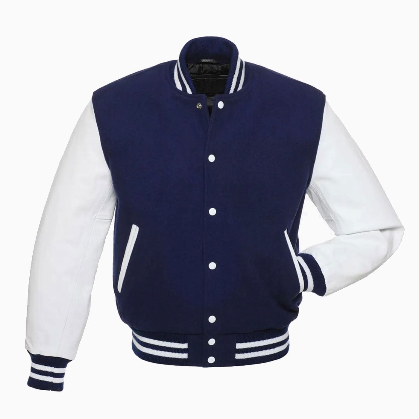 Mens Royal Blue Wool Body & White Leather Sleeves Varsity Jacket 1 Mens Royal Blue Wool Body & White Leather Sleeves Varsity Jacket