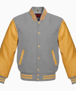 Mens Varsity Jacket grey Wool Body And Gold Leather Sleeves Jackets