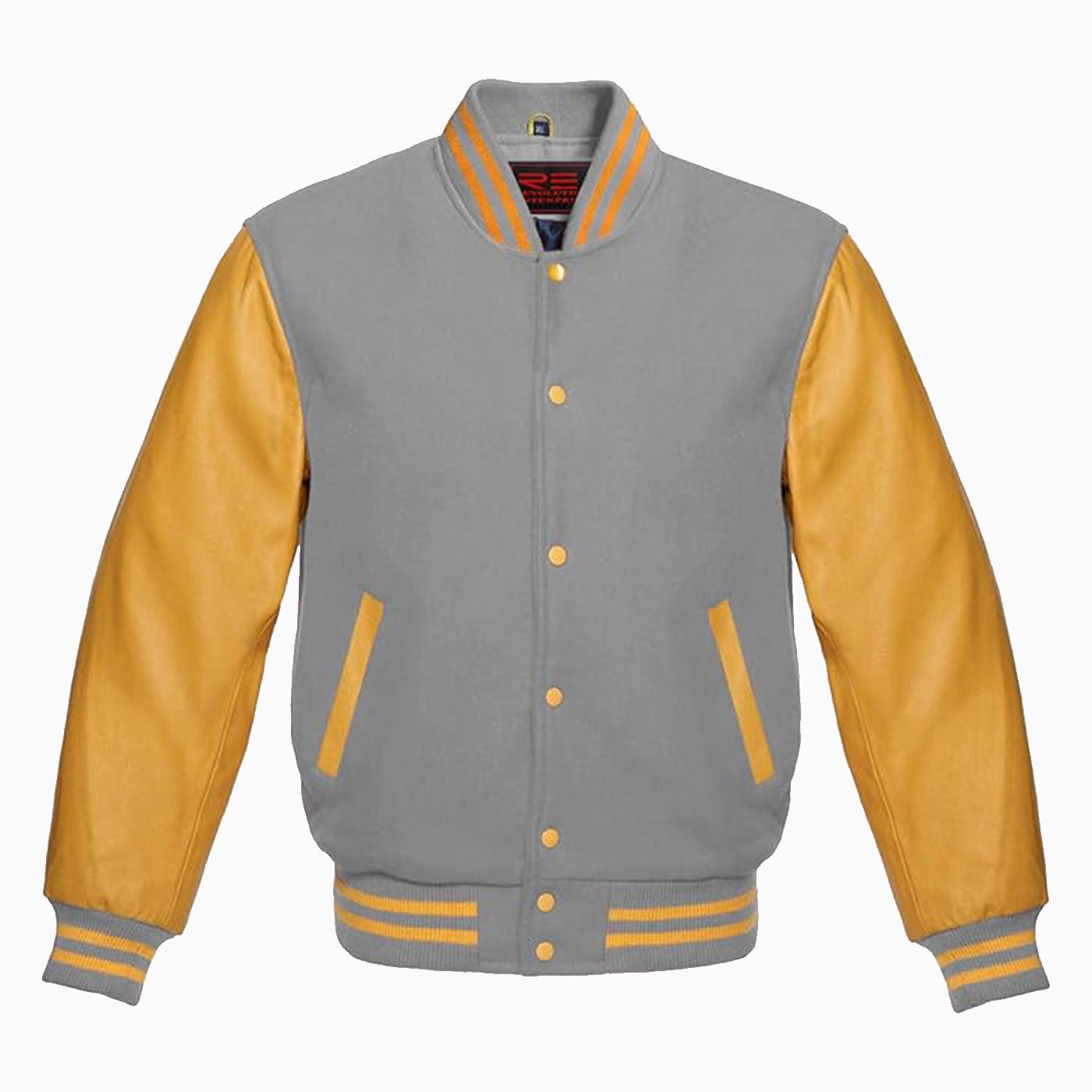 Custom Mens Varsity Jacket grey Wool Body And Gold Leather Sleeves