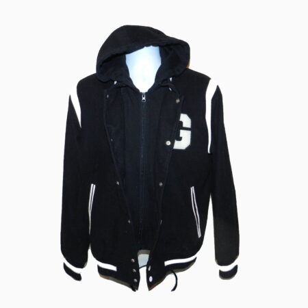 Men's Wool G Varsity Letterman Bomber Hooded Jacket Black