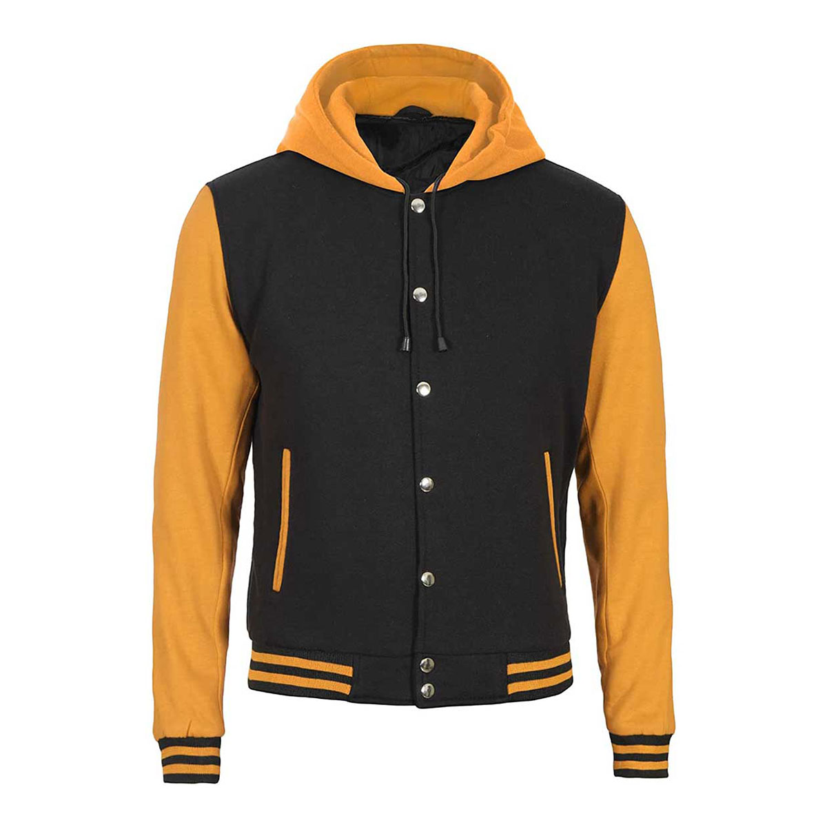 Custom Mens Yellow and Black Varsity Letterman Jacket with Hood | Wholesale