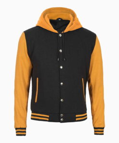 Mens Yellow and Black Varsity Letterman Jacket with Hood