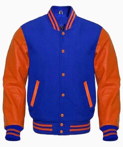 Premium Letterman Baseball School College Varsity Jacket Royal Blue Wool & Orange Cowhide Leather Sleeves