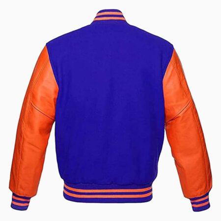 Alternative view of Premium Letterman Baseball School College Varsity Jacket Royal Blue Wool & Orange Cowhide Leather Sleeves