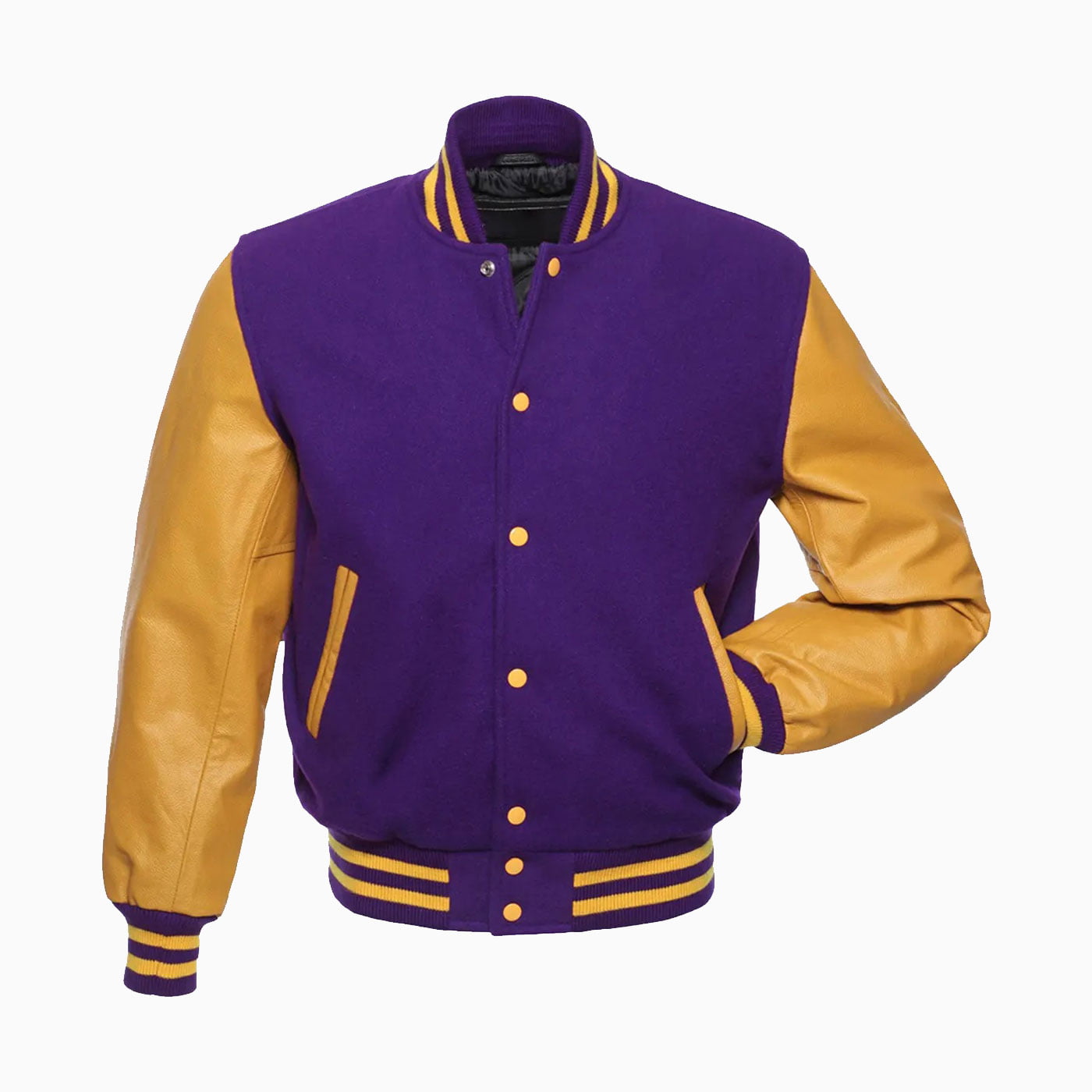 Custom Purple Wool Body & Gold Leather Sleeves Varsity Jacket Wholesale