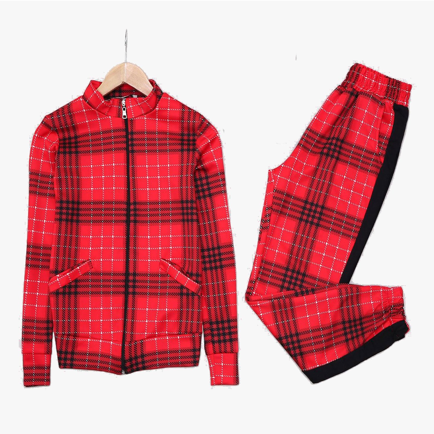 Custom Red Plaid Sweatsuit Set 901 Wholesale