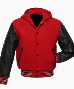 Red Wool Black Genuine Leather Sleeves Varsity Letterman Bomber Hoodie Jacket