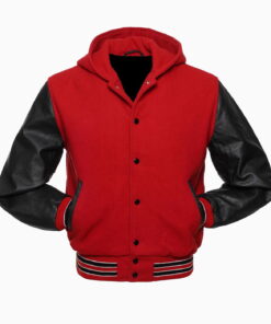 Alternative view of Red Wool Black Genuine Leather Sleeves Varsity Letterman Bomber Hoodie Jacket