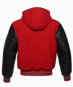 Red Wool Black Genuine Leather Sleeves Varsity Letterman Bomber Hoodie Jacket 6
