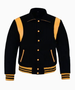 Varsity Byron Collar Black Woolen Gold Leather Stripes Baseball Bomber Letterman Jacket