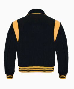Varsity Byron Collar Black Woolen Gold Leather Stripes Baseball Bomber Letterman Jacket 3 Varsity Byron Collar Black Woolen Gold Leather Stripes Baseball Bomber Letterman Jacket - Image 2