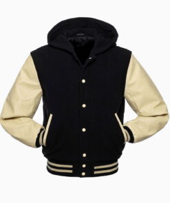 Alternative view of Black Wool Varsity Hooded Letterman Jackets Cream Real Leather Sleeves