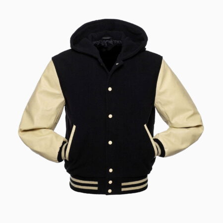 Alternative view of Black Wool Varsity Hooded Letterman Jackets Cream Real Leather Sleeves