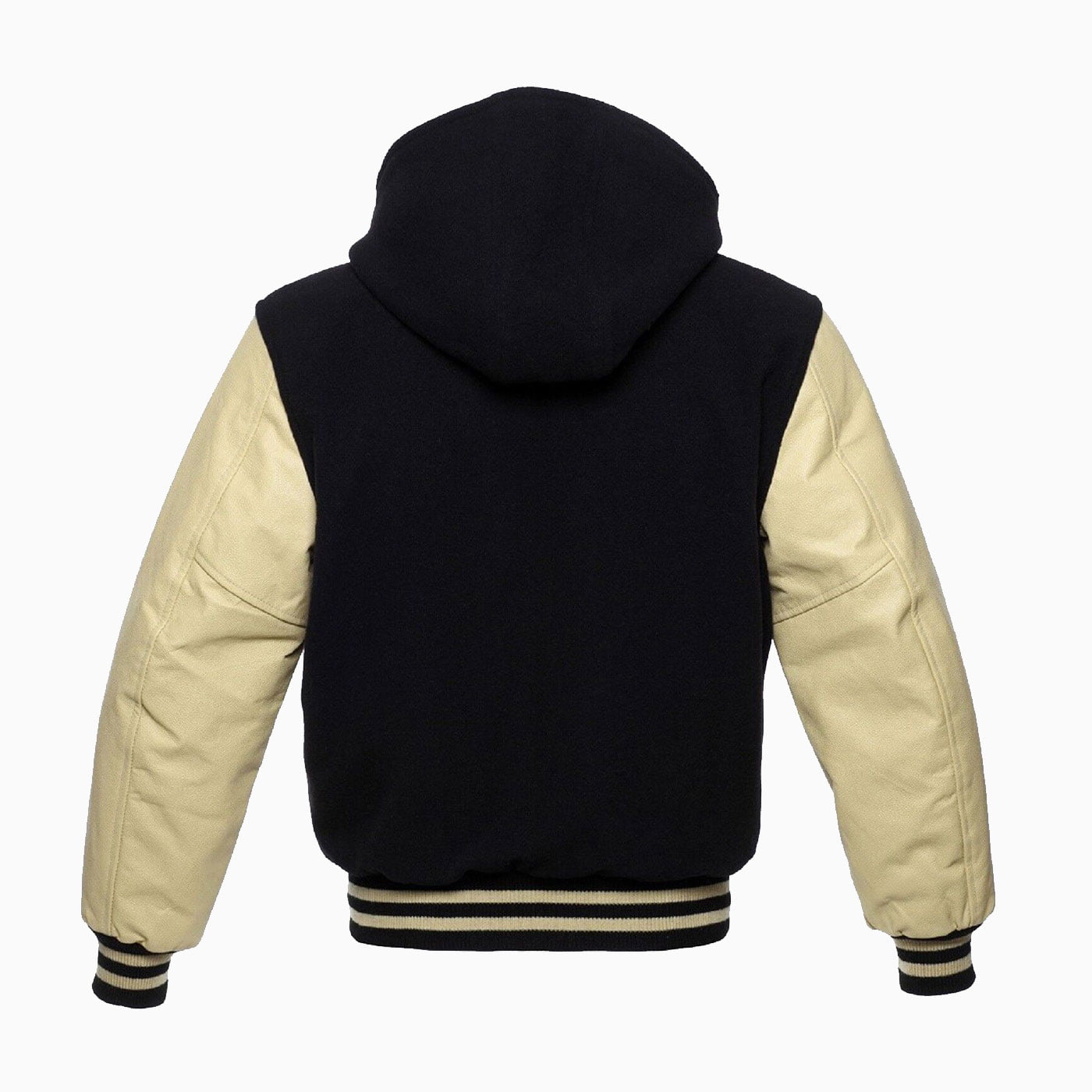 Black Wool Varsity Hooded Letterman Jackets Cream Real Leather Sleeves - Image 3