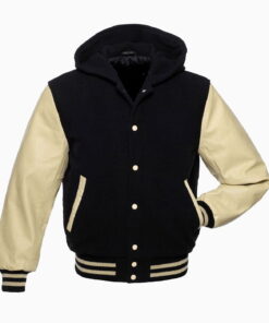 Sports Track Jackets 292 Black Wool Varsity Hooded Letterman Jackets Cream Real Leather Sleeves