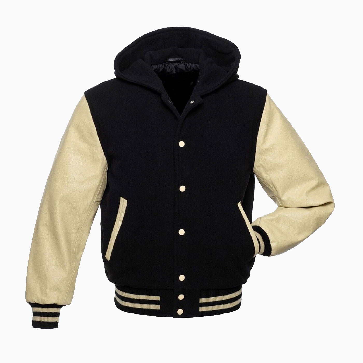 Black Wool Varsity Hooded Letterman Jackets Cream Real Leather Sleeves