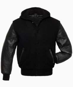 Varsity Hoodie Black Wool Black Real Leather Arms Letterman College Jacket