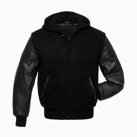 Varsity Hoodie Black Wool Black Real Leather Arms Letterman College Jacket