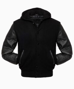 Alternative view of Varsity Hoodie Black Wool Black Real Leather Arms Letterman College Jacket