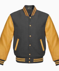 Varsity Jacket Letterman Baseball College Jacket Fashion Dark-grey Wool Body And Gold Leather Sleeves Jackets
