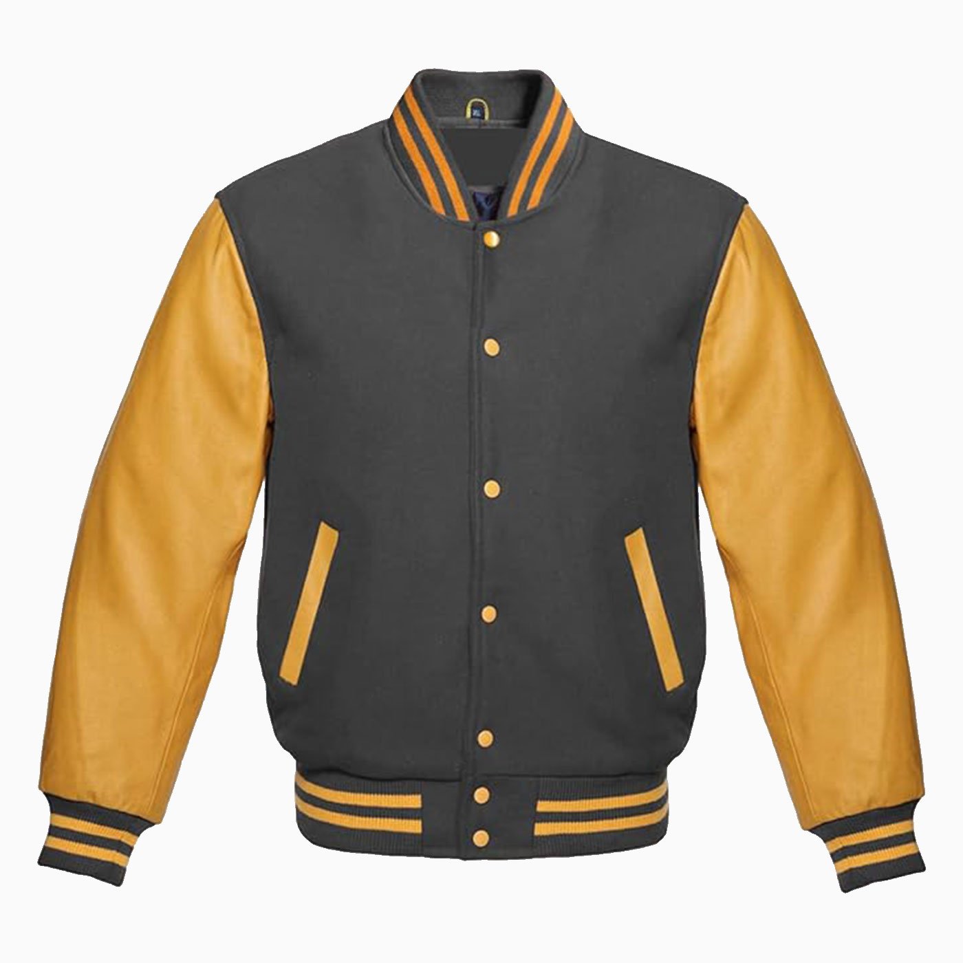 Varsity Jacket Letterman Baseball College Jacket Fashion Dark-grey Wool Body And Gold Leather Sleeves Jackets 1 Varsity Jacket Letterman Baseball College Jacket Fashion Dark-grey Wool Body And Gold Leather Sleeves Jackets