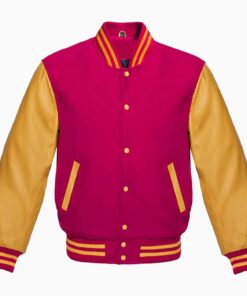 Varsity Jacket Letterman Baseball College Jacket Fashion Hot-Pink Wool Body And Gold Leather Sleeves Jackets