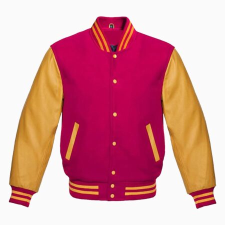 Varsity Jacket Letterman Baseball College Jacket Fashion Hot-Pink Wool Body And Gold Leather Sleeves Jackets
