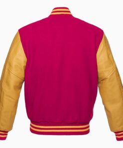 Alternative view of Varsity Jacket Letterman Baseball College Jacket Fashion Hot-Pink Wool Body And Gold Leather Sleeves Jackets