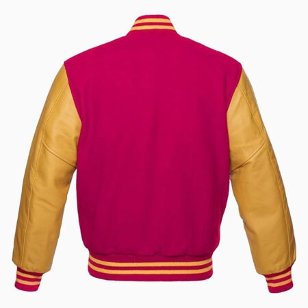 Alternative view of Varsity Jacket Letterman Baseball College Jacket Fashion Hot-Pink Wool Body And Gold Leather Sleeves Jackets