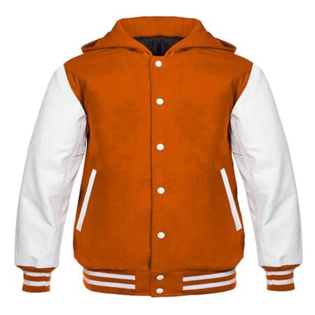Varsity Jacket Orange Wool & White Genuine Leather Sleeve with Hoodie Letterman Baseball Jacket