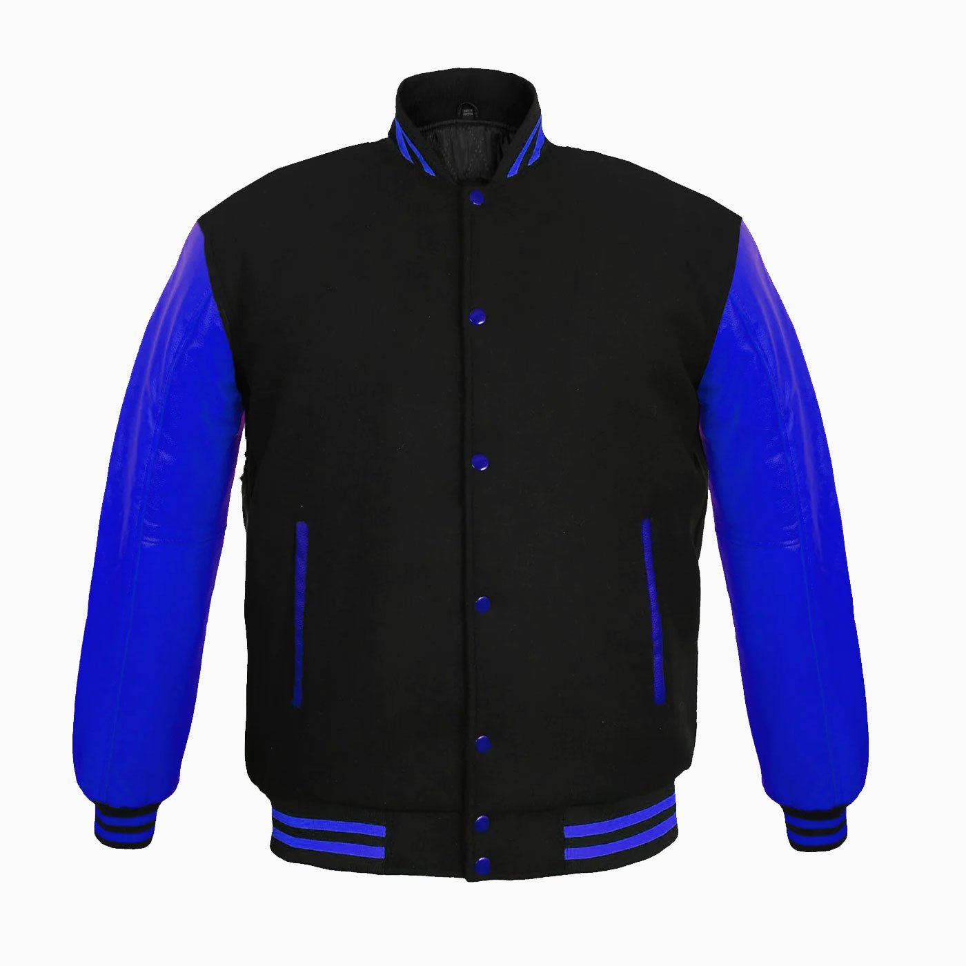 Custom Varsity Jackets Genuine Leather Sleeve And Wool Body Black/Blue Wholesale