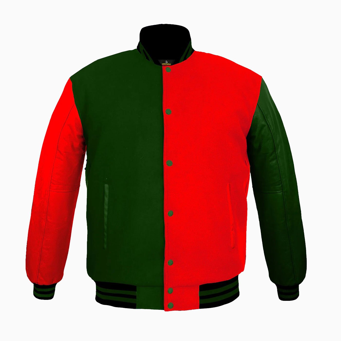 Custom Varsity Jackets Genuine Leather Sleeve And Wool Body Red/Green Wholesale