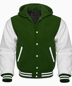 Sports Track Jackets 306 Hooded Varsity Letterman Baseball Bomber Jacket, Melton Wool Body, Cowhide Leather Sleeves