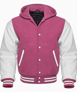 Hooded Varsity Letterman Baseball Bomber Jacket, Melton Wool Body, Cowhide Leather Sleeves,