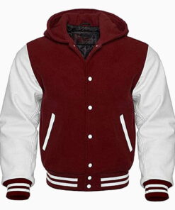 Hooded Varsity Letterman Baseball Bomber Jacket, Melton Wool Body, Cowhide Leather Sleeves