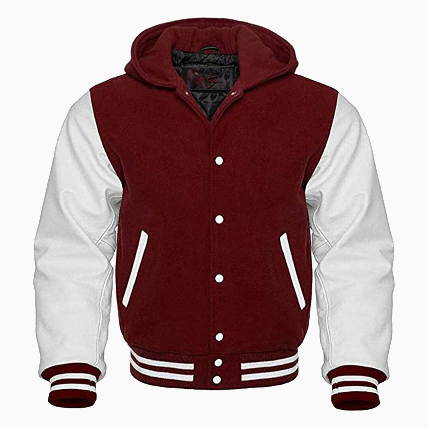 Hooded Varsity Letterman Baseball Bomber Jacket, Melton Wool Body, Cowhide Leather Sleeves