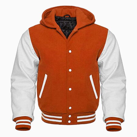 Hooded Varsity Letterman Baseball Bomber Jacket, Melton Wool Body, Cowhide Leather Sleeves