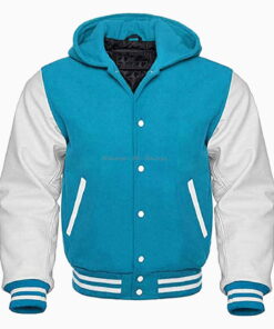 Sports Track Jackets 308 Hooded Varsity Letterman Baseball Bomber Jacket, Melton Wool Body, Cowhide Leather Sleeves