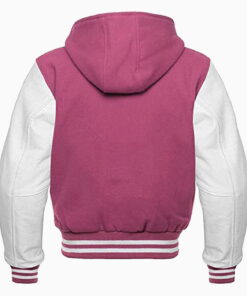 Alternative view of Hooded Varsity Letterman Baseball Bomber Jacket, Melton Wool Body, Cowhide Leather Sleeves,