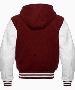 Alternative view of Hooded Varsity Letterman Baseball Bomber Jacket, Melton Wool Body, Cowhide Leather Sleeves