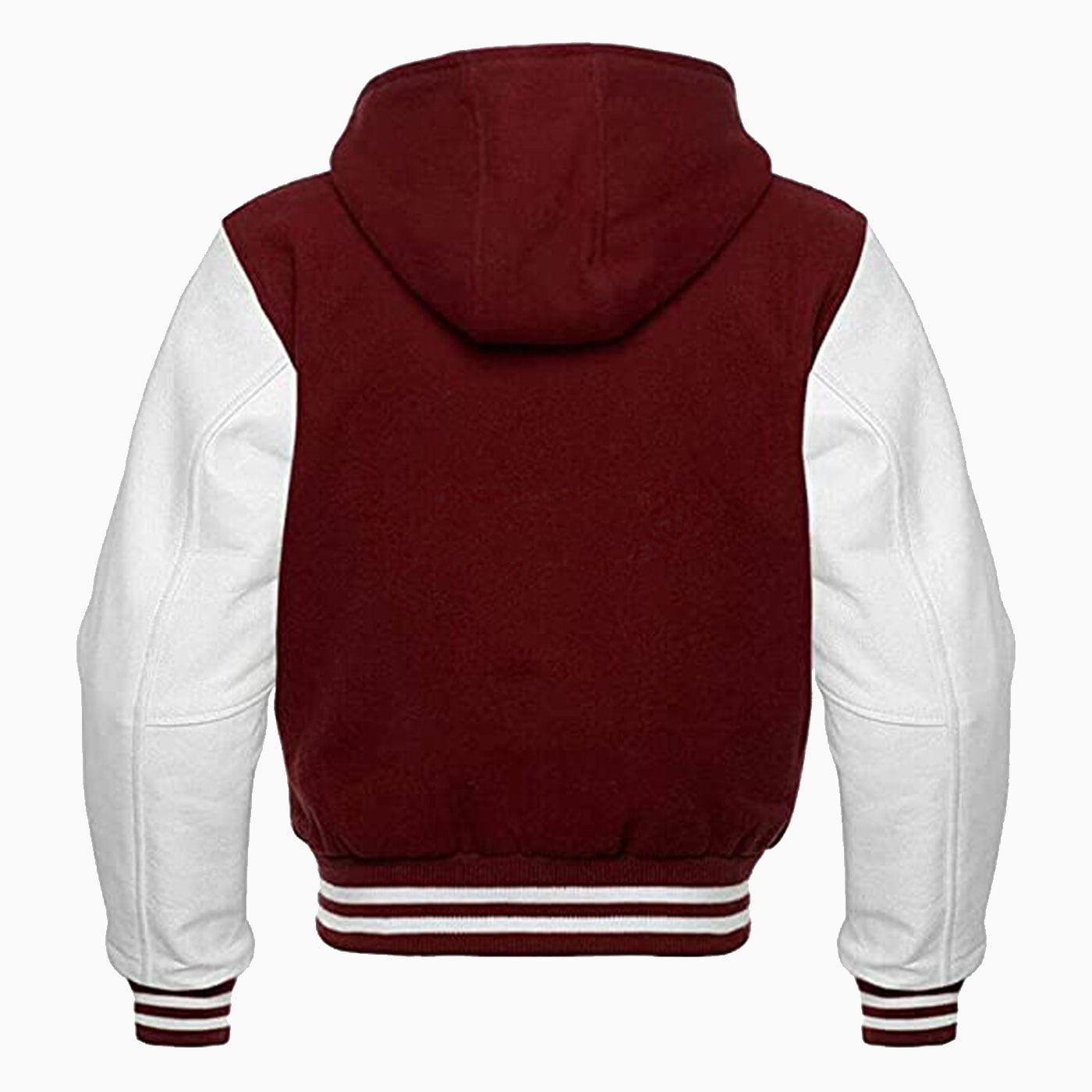 Hooded Varsity Letterman Baseball Bomber Jacket, Melton Wool Body, Cowhide Leather Sleeves - Image 2
