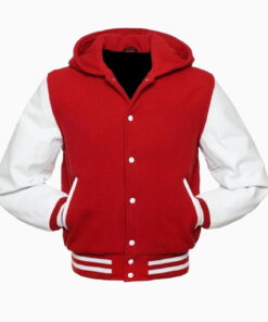 Alternative view of Red Pure Wool Varsity Letterman College Hoodie Jacket White Real Leather sleeves