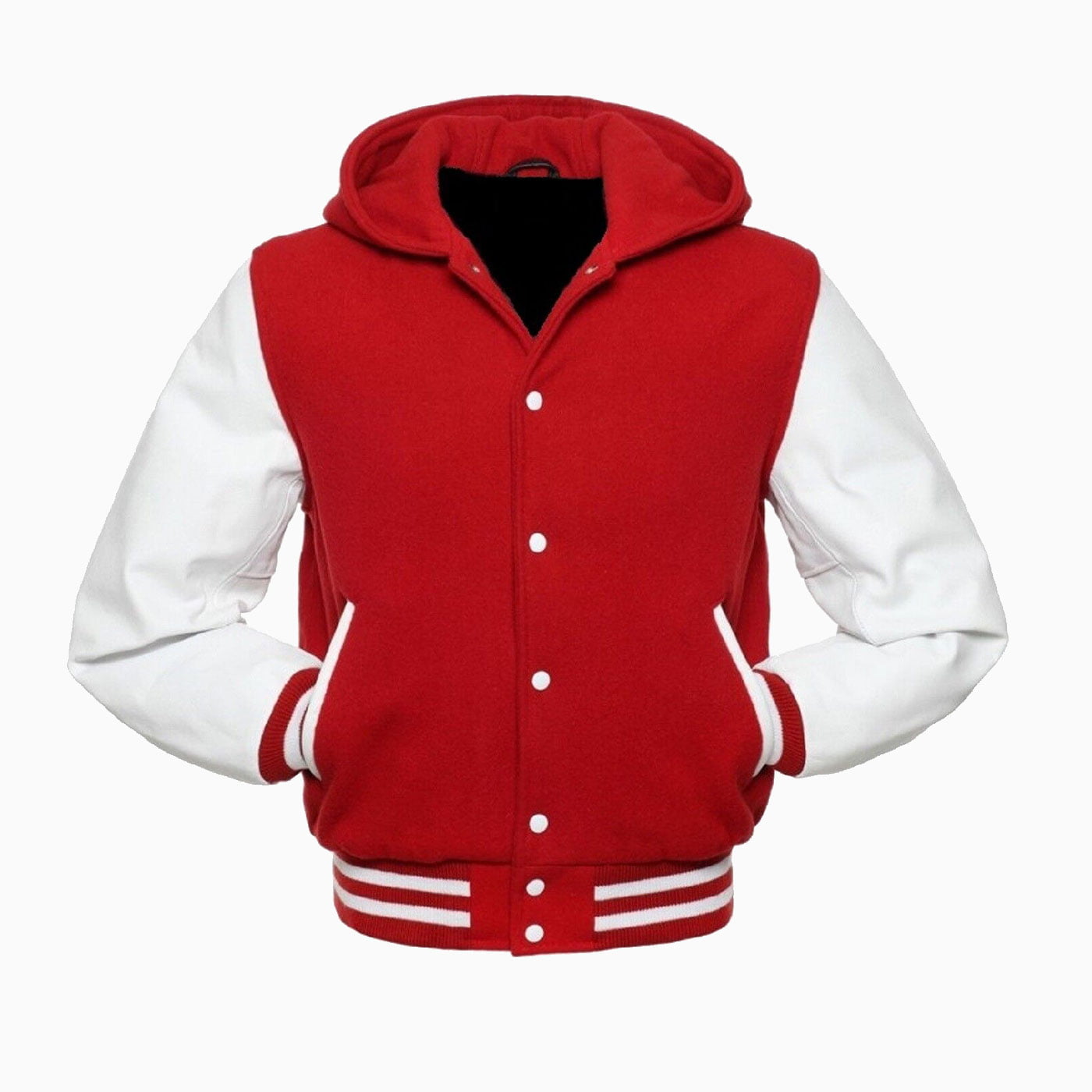 Red Pure Wool Varsity Letterman College Hoodie Jacket White Real Leather sleeves - Image 2