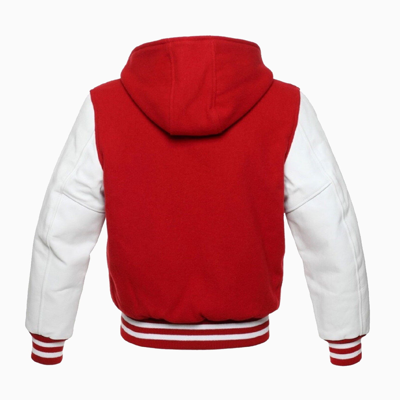 Red Pure Wool Varsity Letterman College Hoodie Jacket White Real Leather sleeves - Image 3
